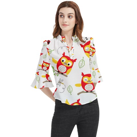 Seamless Pattern Vector Owl Cartoon With Bugs Loose Horn Sleeve Chiffon Blouse by Apen