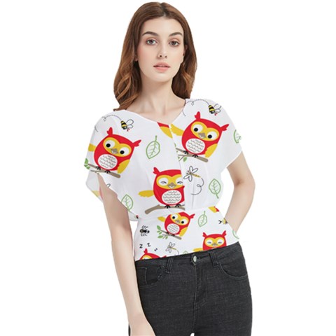 Seamless Pattern Vector Owl Cartoon With Bugs Butterfly Chiffon Blouse by Apen