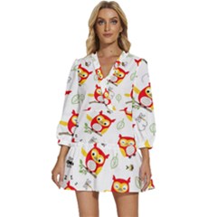 Seamless Pattern Vector Owl Cartoon With Bugs V-neck Placket Mini Dress by Apen