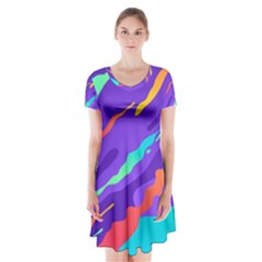 Multicolored Abstract Background Short Sleeve V-neck Flare Dress by Apen