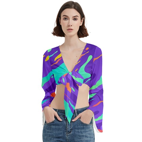 Multicolored Abstract Background Trumpet Sleeve Cropped Top by Apen