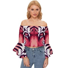 Tiger Design Off Shoulder Flutter Bell Sleeve Top