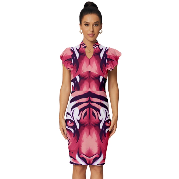 Love the tiger Vintage Frill Sleeve V-Neck Bodycon Dress