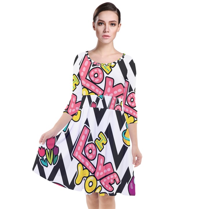 Vector Romantic Love Seamless Pattern Quarter Sleeve Waist Band Dress