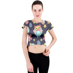 Owl Stars Pattern Background Crew Neck Crop Top by Apen