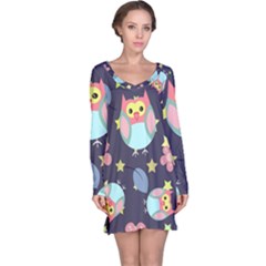 Owl Stars Pattern Background Long Sleeve Nightdress by Apen