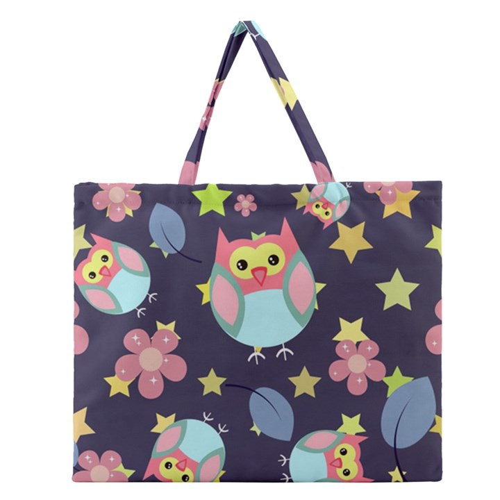 Owl Stars Pattern Background Zipper Large Tote Bag