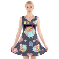 Owl Stars Pattern Background V-neck Sleeveless Dress by Apen