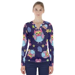 Owl Stars Pattern Background V-neck Long Sleeve Top by Apen