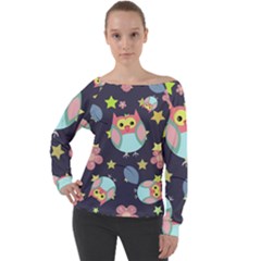 Owl Stars Pattern Background Off Shoulder Long Sleeve Velour Top by Apen