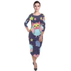 Owl Stars Pattern Background Quarter Sleeve Midi Velour Bodycon Dress by Apen