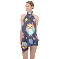 Owl Stars Pattern Background Halter Asymmetric Satin Top by Apen