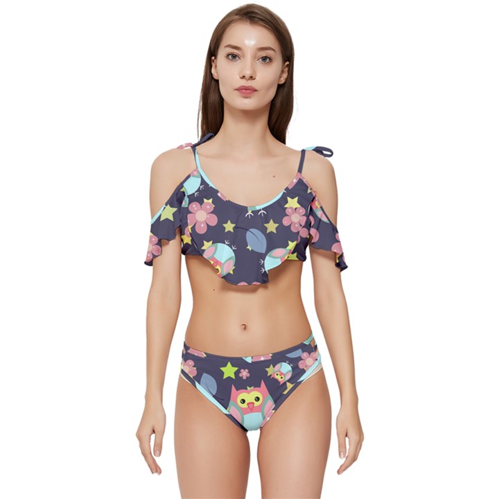 Owl Stars Pattern Background Ruffle Edge Tie Up Bikini Set	