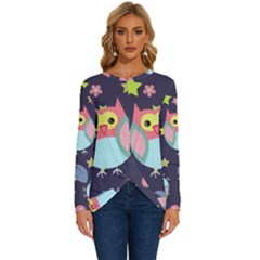 Owl Stars Pattern Background Long Sleeve Crew Neck Pullover Top by Apen