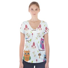 Forest Seamless Pattern With Cute Owls Short Sleeve Front Detail Top