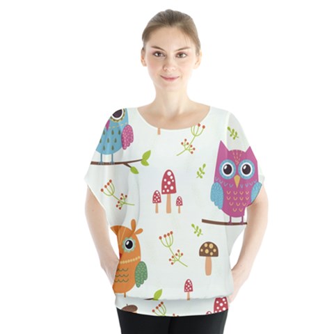 Forest Seamless Pattern With Cute Owls Batwing Chiffon Blouse by Apen