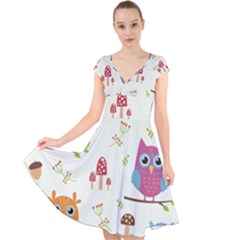 Forest Seamless Pattern With Cute Owls Cap Sleeve Front Wrap Midi Dress by Apen