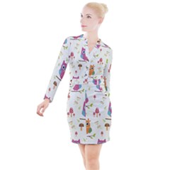 Forest Seamless Pattern With Cute Owls Button Long Sleeve Dress by Apen