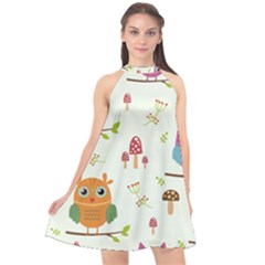 Forest Seamless Pattern With Cute Owls Halter Neckline Chiffon Dress  by Apen