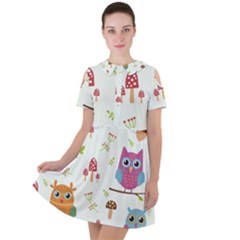 Forest Seamless Pattern With Cute Owls Short Sleeve Shoulder Cut Out Dress  by Apen