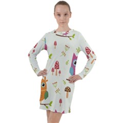 Forest Seamless Pattern With Cute Owls Long Sleeve Hoodie Dress by Apen