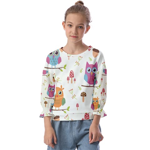 Forest Seamless Pattern With Cute Owls Kids  Cuff Sleeve Top by Apen