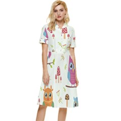 Forest Seamless Pattern With Cute Owls Button Top Knee Length Dress by Apen