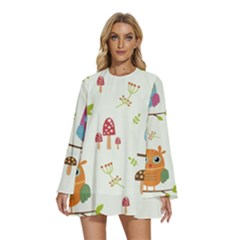 Forest Seamless Pattern With Cute Owls Round Neck Long Sleeve Bohemian Style Chiffon Mini Dress by Apen