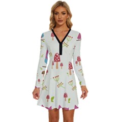 Forest Seamless Pattern With Cute Owls Long Sleeve Deep V Mini Dress  by Apen