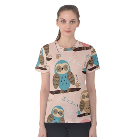 Seamless Pattern Owls Dream Cute Style Pajama Fabric Women s Cotton T-shirt by Apen