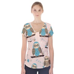 Seamless Pattern Owls Dream Cute Style Pajama Fabric Short Sleeve Front Detail Top by Apen