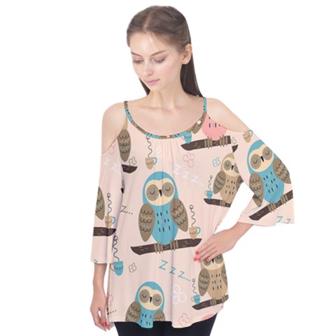 Seamless Pattern Owls Dream Cute Style Pajama Fabric Flutter Sleeve T-shirt  by Apen