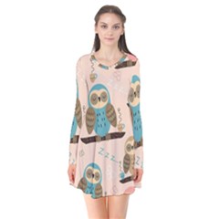 Seamless Pattern Owls Dream Cute Style Pajama Fabric Long Sleeve V-neck Flare Dress by Apen