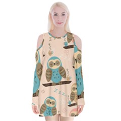 Seamless Pattern Owls Dream Cute Style Pajama Fabric Velvet Long Sleeve Shoulder Cutout Dress by Apen