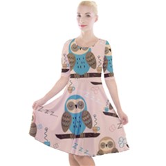 Seamless Pattern Owls Dream Cute Style Pajama Fabric Quarter Sleeve A-line Dress by Apen