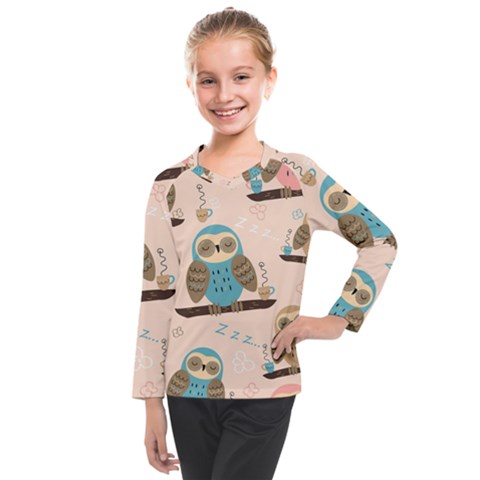 Seamless Pattern Owls Dream Cute Style Pajama Fabric Kids  Long Mesh T-shirt by Apen