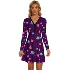 Colorful Stars Hearts Seamless Vector Pattern Long Sleeve Deep V Mini Dress  by Apen