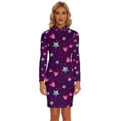 Colorful Stars Hearts Seamless Vector Pattern Long Sleeve Shirt Collar Bodycon Dress by Apen