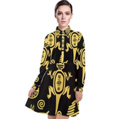 Mexican Culture Golden Tribal Icons Long Sleeve Chiffon Shirt Dress by Apen