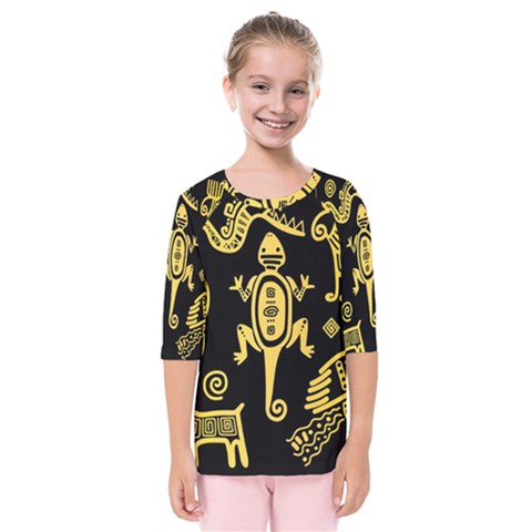 Mexican Culture Golden Tribal Icons Kids  Quarter Sleeve Raglan T-shirt by Apen