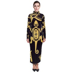 Mexican Culture Golden Tribal Icons Turtleneck Maxi Dress by Apen