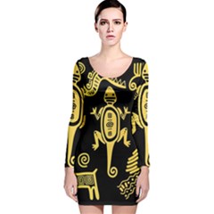 Mexican Culture Golden Tribal Icons Long Sleeve Velvet Bodycon Dress by Apen