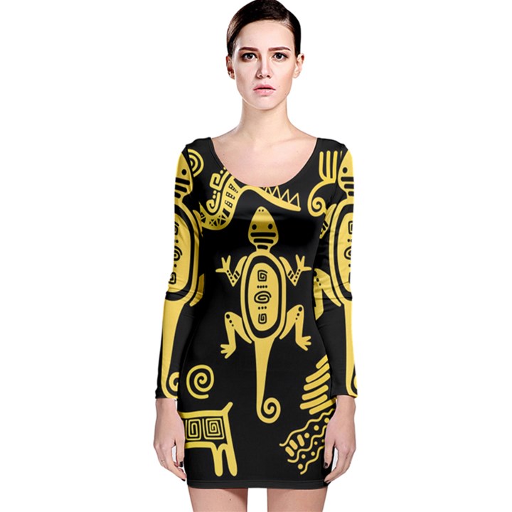 Mexican Culture Golden Tribal Icons Long Sleeve Velvet Bodycon Dress