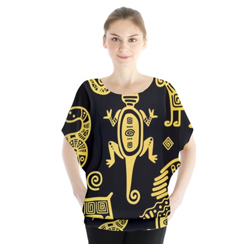 Mexican Culture Golden Tribal Icons Batwing Chiffon Blouse by Apen