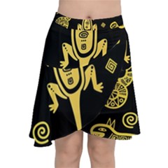 Mexican Culture Golden Tribal Icons Chiffon Wrap Front Skirt by Apen