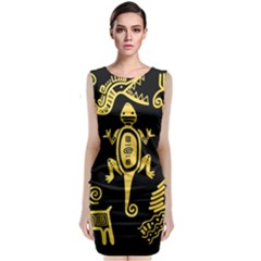 Mexican Culture Golden Tribal Icons Sleeveless Velvet Midi Dress by Apen