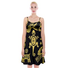 Mexican Culture Golden Tribal Icons Spaghetti Strap Velvet Dress by Apen