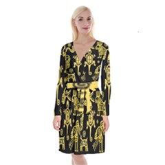 Mexican Culture Golden Tribal Icons Long Sleeve Velvet Front Wrap Dress by Apen