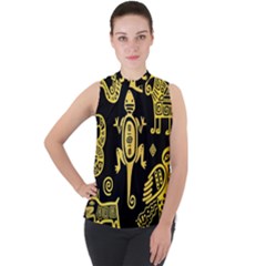 Mexican Culture Golden Tribal Icons Mock Neck Chiffon Sleeveless Top by Apen