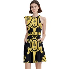 Mexican Culture Golden Tribal Icons Cocktail Party Halter Sleeveless Dress With Pockets by Apen